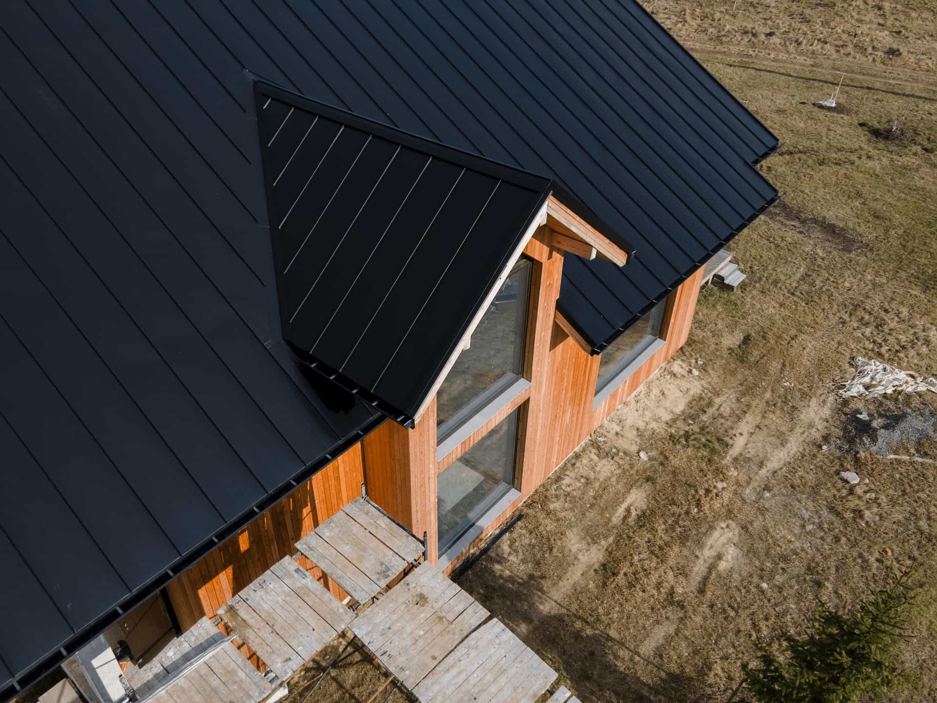 Residential roofing detail under open sky